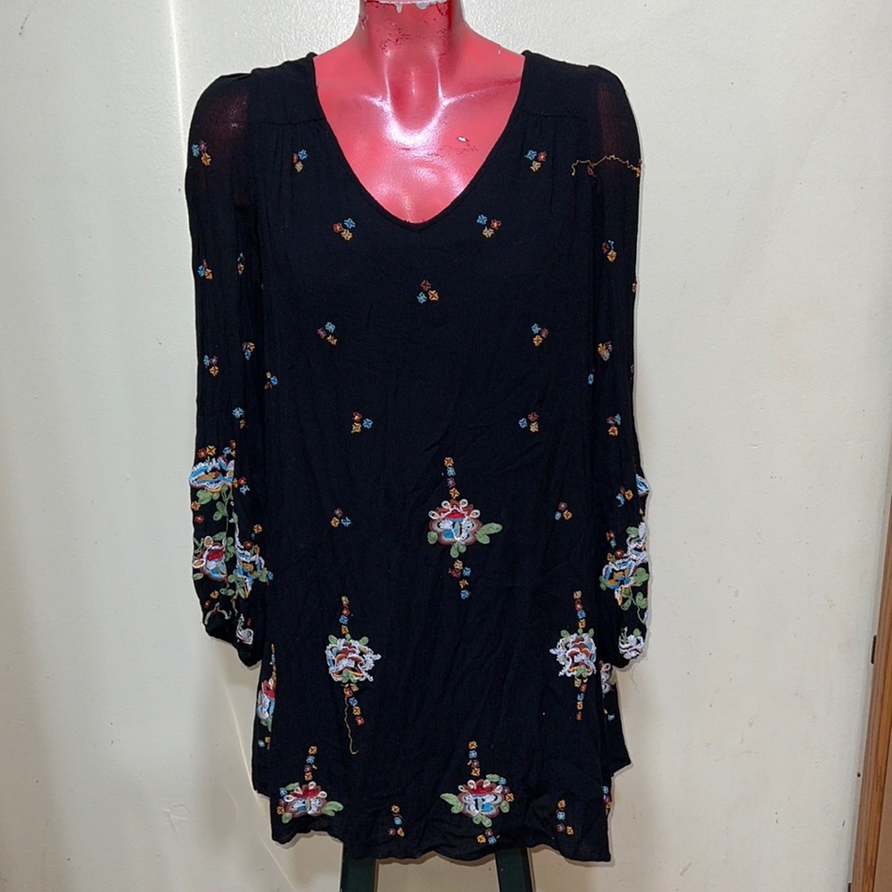 Free People Black Embroidered Long Sleeve Mini Dress